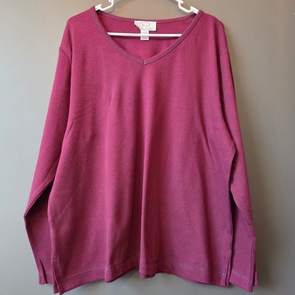 Oscar de la Renta Womens Burgundy V Neck Long Sleeve Cotton Top XL Quiet Luxury